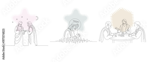 Minimalist Line Art Depicting Biblical Scenes with Jesus: Conversation, Carpenter Work, and the Last Supper