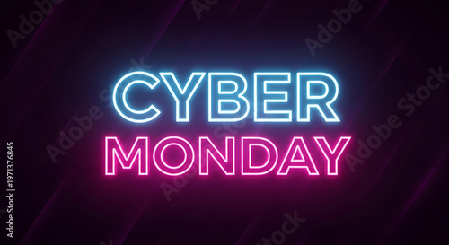 Cyber Monday neon sign with blue and pink lights on dark background