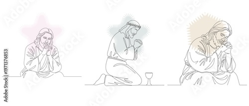 Minimalist Line Art Depicting Jesus in Prayer - Three Stages of Devotion and Spiritual Reflection, Religious Illustration