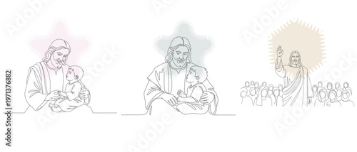 Minimalist Line Art Depicting Jesus with Children and a Crowd, Religious Illustration for Faith-Based Projects and Spiritual Concepts