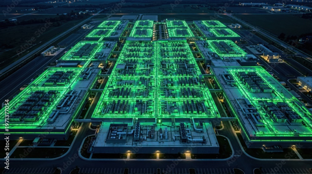Fototapeta premium Futuristic data center server farm with glowing green neon lights and high-tech infrastructure at night