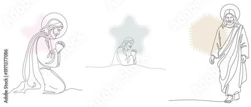Minimalist Line Art Illustrations of Jesus Christ in Prayer and Walking, Religious Concepts and Spiritual Devotion