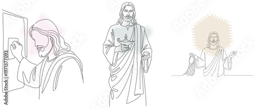 Minimalist Line Art Illustrations of Jesus Christ Depicting Key Moments from the Gospels, Faith, and Spiritual Concepts