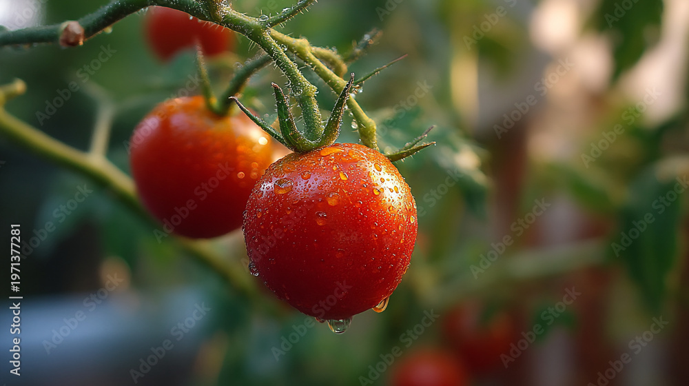 Obraz premium Close-up: fresh wet cherry tomatoes on vine.