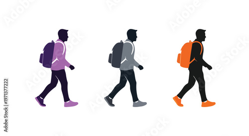 Three diverse silhouettes of men walking with backpacks, representing different styles and colors for travel or school