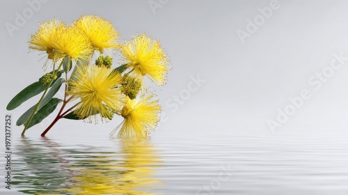 Vibrant Yellow Flowers Reflecting on Calm Water Surface