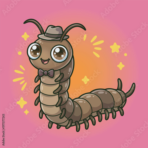 Cute Cartoon Centipede Wearing Hat and Bow Tie