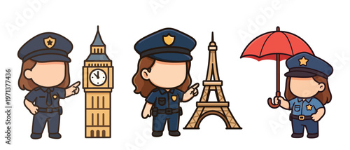 Female police officers with Big Ben and Eiffel Tower icons