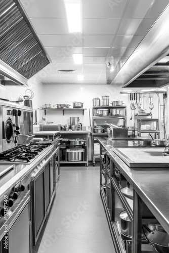 A black and white photograph of a busy commercial kitchen, perfect for use in food-related contexts