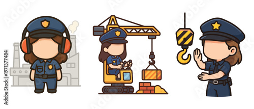 Female police officer working and controlling crane set