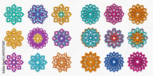 Set of colorful mandala patterns with intricate geometric designs, perfect for decorative elements and cultural themes.