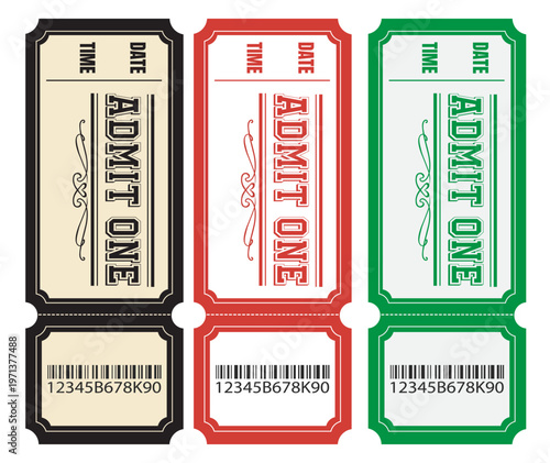 Vintage admit one ticket set, retro cinema and event entry passes in red green and black, 3 vector raffle tickets with barcodes and stubs