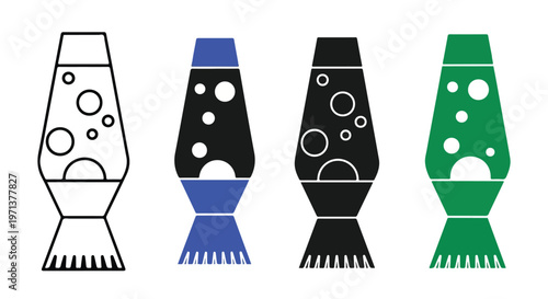 Collection of four stylized lava lamps in different colors and outline, showcasing retro design and bubbly liquid motion