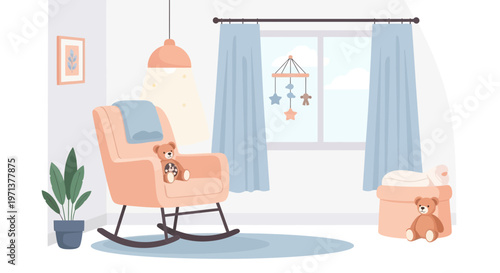 Cozy nursery room interior with rocking chair, teddy bears and baby mobile