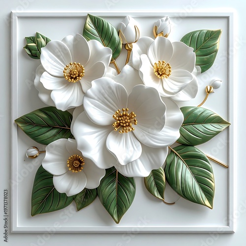 Artistic floral wall panel with white flowers and gold accents high resolution photo