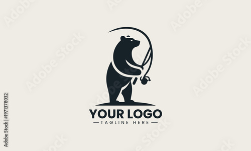Black bear holding fishing rod is presented as bold monochrome vector logo on clean white background for outdoor adventure and fishing branding use