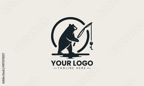 Black bear holding fishing rod is presented as bold monochrome vector logo on clean white background for outdoor adventure and fishing branding use