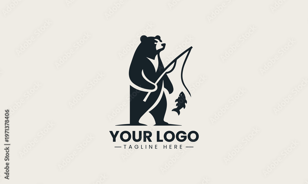 Obraz premium Black bear holding fishing rod is presented as bold monochrome vector logo on clean white background for outdoor adventure and fishing branding use