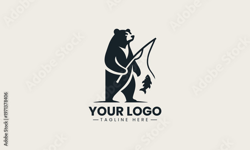 Black bear holding fishing rod is presented as bold monochrome vector logo on clean white background for outdoor adventure and fishing branding use
