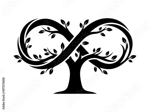 An elegant black infinity tree with leaves, symbolizing endless possibilities and growth