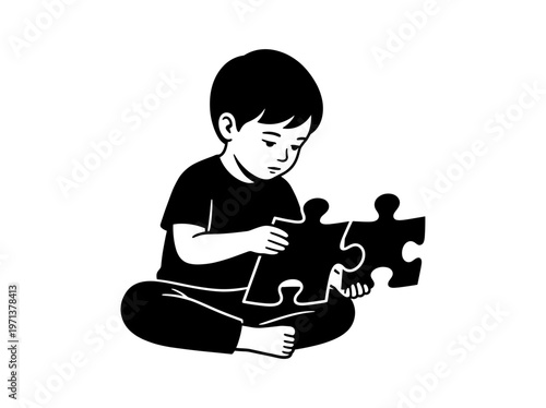 A curious child holding puzzle piece, trying to figure out how it fits in