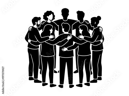 A circle of diverse individuals embrace each other