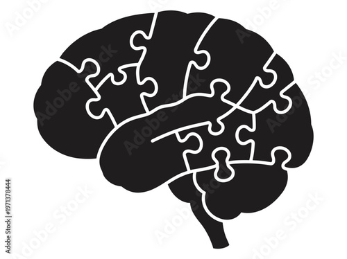 A silhouette of a brain made up of puzzle pieces, symbolizing the complexity of the mind and the process of problem-solving