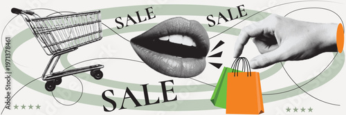 Halftone pop art dot shopping cart trolley bag hand finger pointing mouth speaking sale discount retail vector illustration