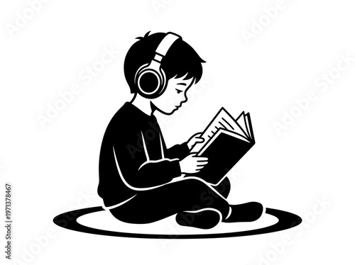A young child enjoying a book and listening to music through headphones. The scene focuses on the child immersed in reading and the headphones create an atmosphere of focused listening. 