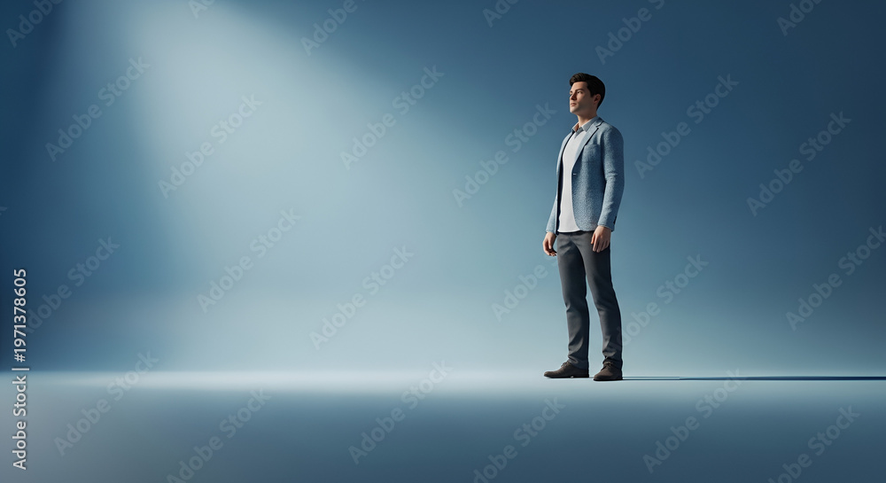 Fototapeta premium Man standing in spotlight, looking towards light, pixelated low-poly style, concept of digital future or digital transformation