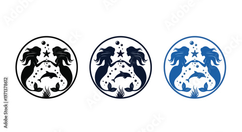 Three circular emblems featuring silhouettes of mermaids, dolphins, and stars in black, dark blue, and bright blue