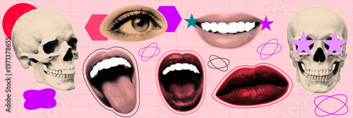 Halftone pop art dot skull head skeleton eye lips mouth tongue scream expression face halloween spooky elements vector illustration