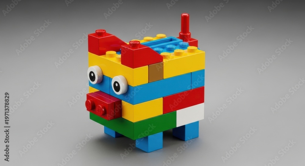 Naklejka premium A Charming Lego Pig Character Built from Brightly Colored Interlocking Plastic Bricks on a Neutral Surface