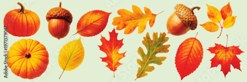 Halftone pop art dot pumpkin acorn leaf autumn fall nature seasonal harvest elements vector illustration