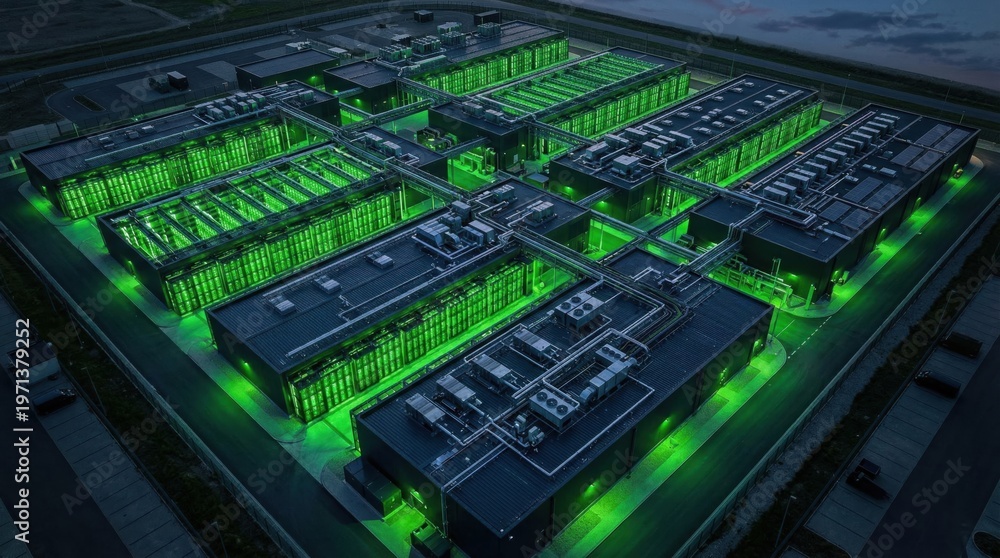 Fototapeta premium 3d illustration of glowing green circuit board with futuristic data processing and server technology concept