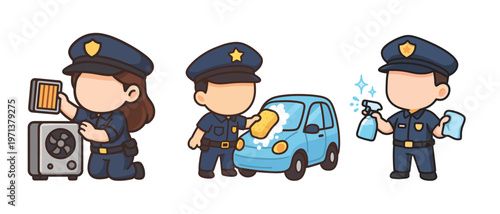 Police officers cleaning car and air conditioner vector