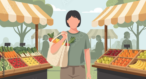 Person shopping at a local farmers market with a reusable tote bag