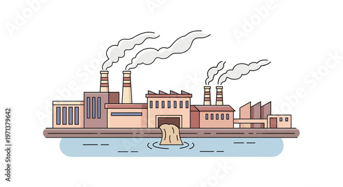 Cartoon Outline Industrial Area with Polluted River and Chimney Smoke