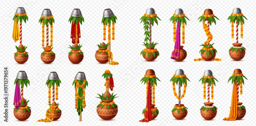 Set of Kalash with coconut, mango leaves, and marigold garlands for Indian festivals.