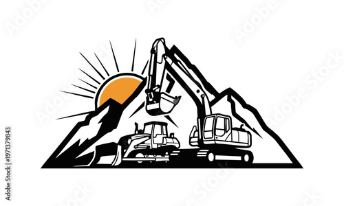 Heavy machinery excavates mountain landscape at sunrise with industrial equipment.