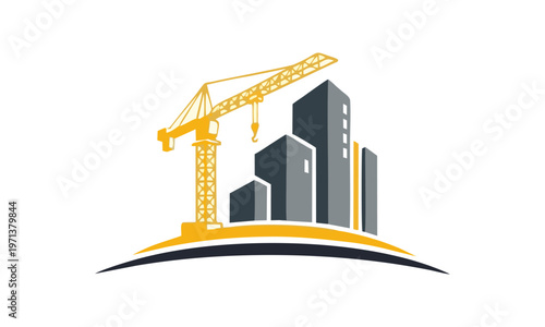 A yellow crane stands on a hill with buildings under construction.