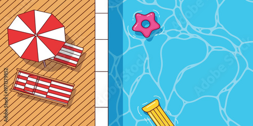 A cartoon illustration of a poolside scene with a red and white umbrella