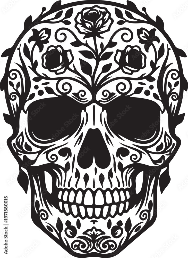 Fototapeta premium Skull with floral motif in silhouette on white background.