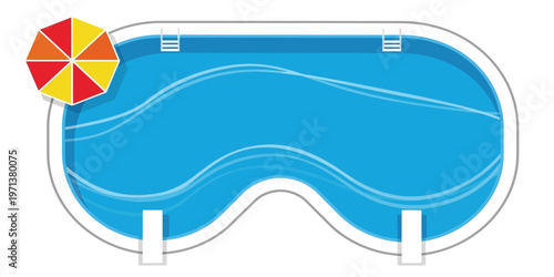 A swimming pool with a colorful umbrella