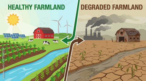 Healthy Farmland vs. Degraded Farmland: A visual comparison highlighting the stark contrast between a thriving, sustainable farm and one ravaged by environmental degradation.