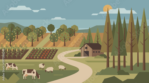 Harmony of the Farm: An idyllic landscape featuring rolling hills, cultivated fields, a quaint barn, and a gentle grazing of livestock amidst a vibrant and picturesque panorama.