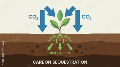 Carbon Sequestration Process: An illustrative depiction shows the core of carbon sequestration, the natural process where a plant absorbs CO2 and converts it into carbon in the soil. 
