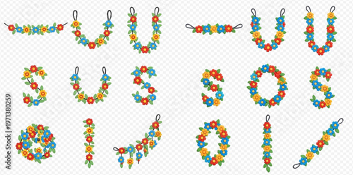 Set of colorful floral garlands and decorative elements for festive occasions and celebrations, featuring various shapes and arrangements of flowers.
