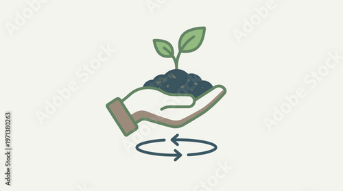 Hand Nurturing a Sprout: A delicate sprout emerges from a handful of soil, cradled by a supportive hand and encircled by arrows indicating cycle. a symbol of growth and the cyclical nature of life.