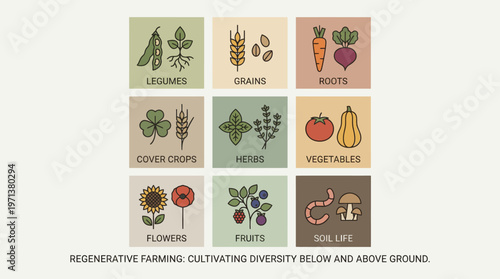 Regenerative Farming Diversity: A visually informative graphic illustrating the core elements of regenerative farming, emphasizing the interconnectedness of various crops, soil life.